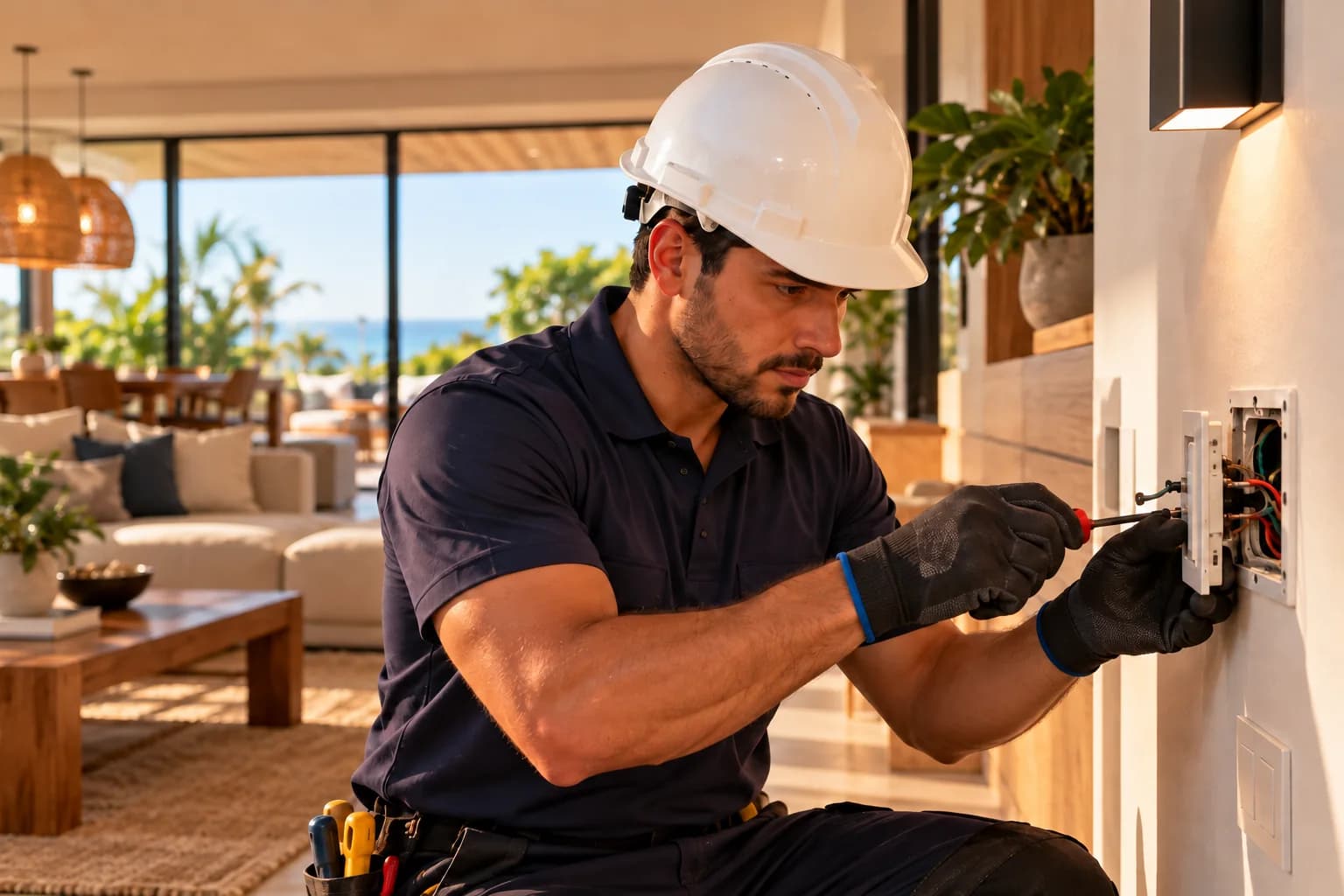 Escena referencial: técnico ficticio interviniendo una instalación eléctrica residencial